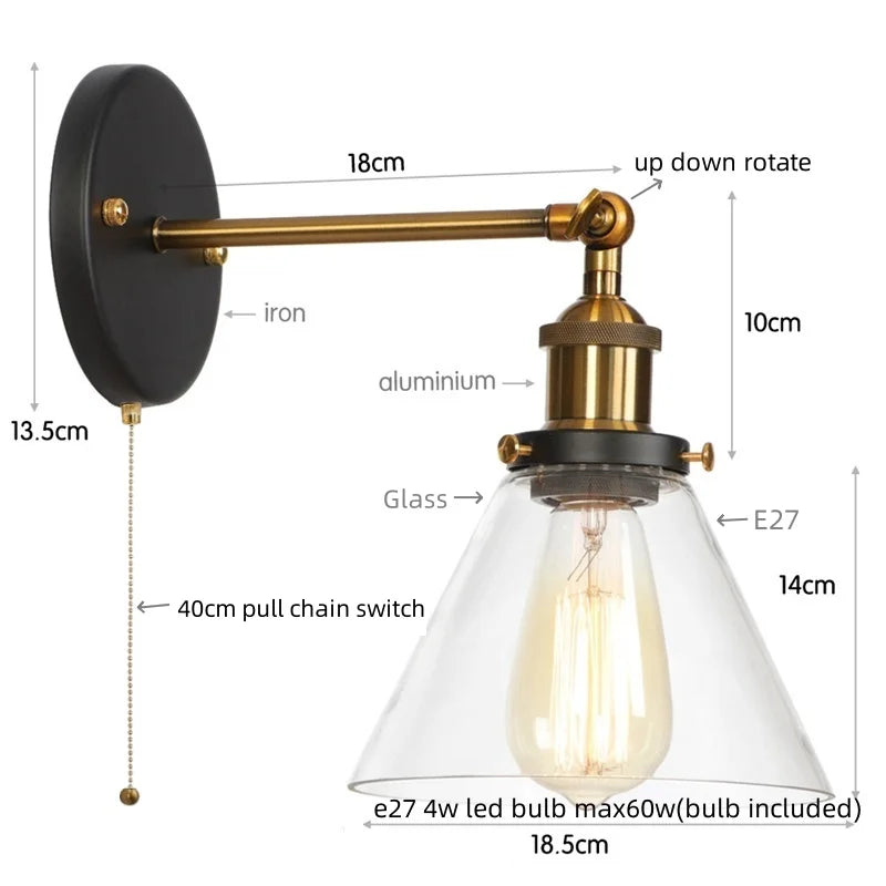 Helnys Clear Glass Iron LED Wall Lamps Stair Light Fixtures Rustic Industrial Vintage