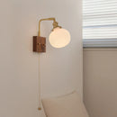 Helnys Globe Ceramic LED Wall Light Walnut Wood Sconce with Pull Chain Switch