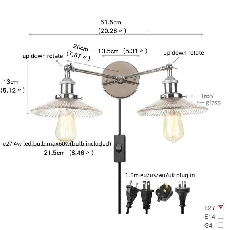 Helnys 2-Head LED Wall Sconce with Pull Chain Switch for Home, Coffee Bar, Bathrooms
