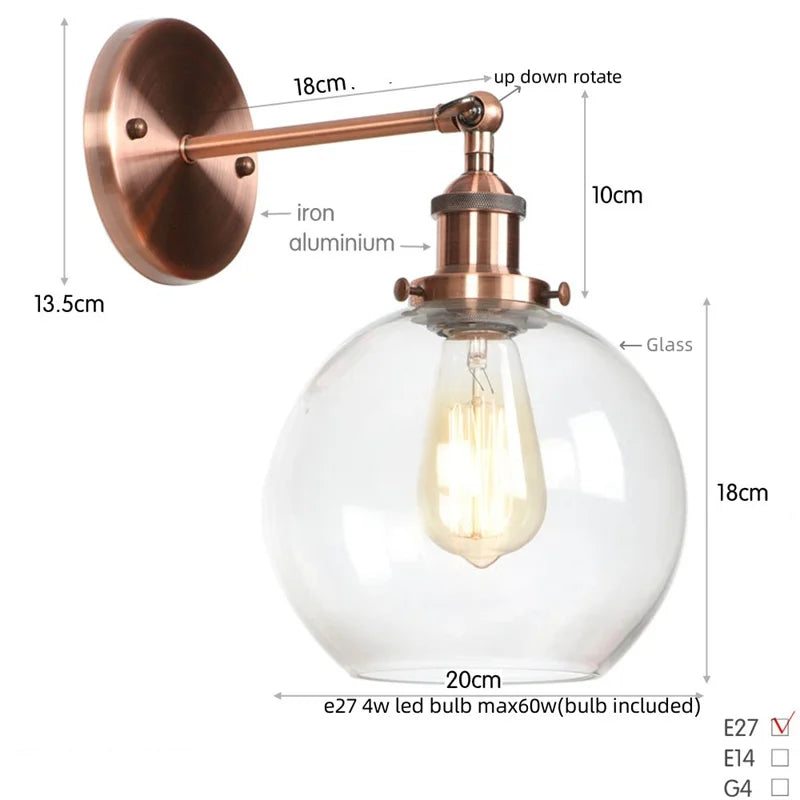 Helnys Globe LED Wall Sconce Rustic Industrial Mirror Light