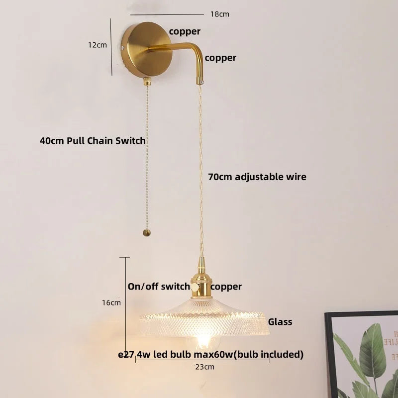 Helnys Copper LED Glass Wall Sconce Pull Chain Switch Adjustable Mirror Light