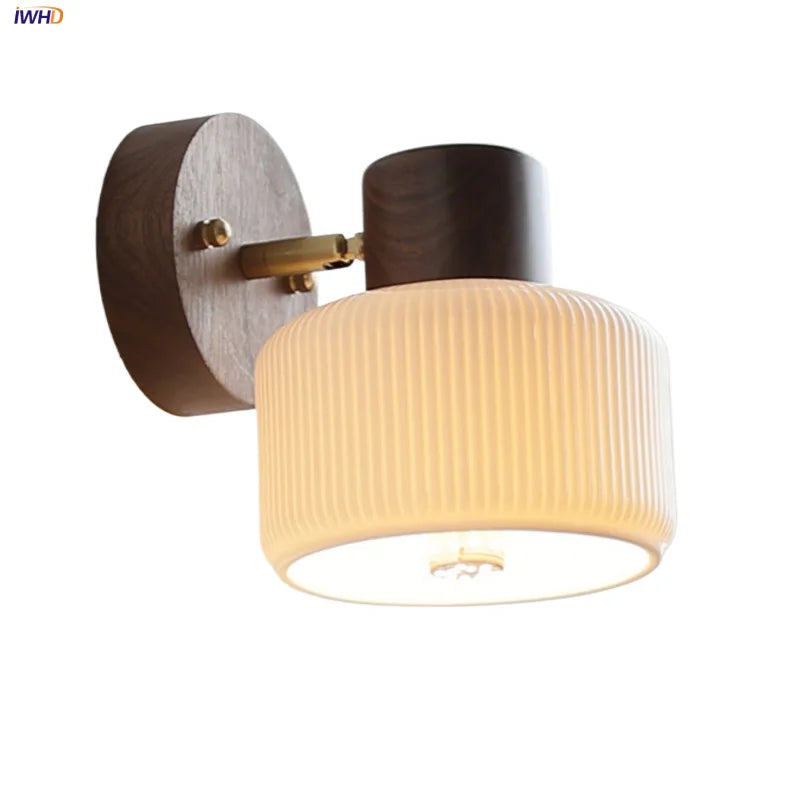 Helnys Nordic Modern Walnut Wood LED Wall Sconce White Ceramic Rotate Mirror Light