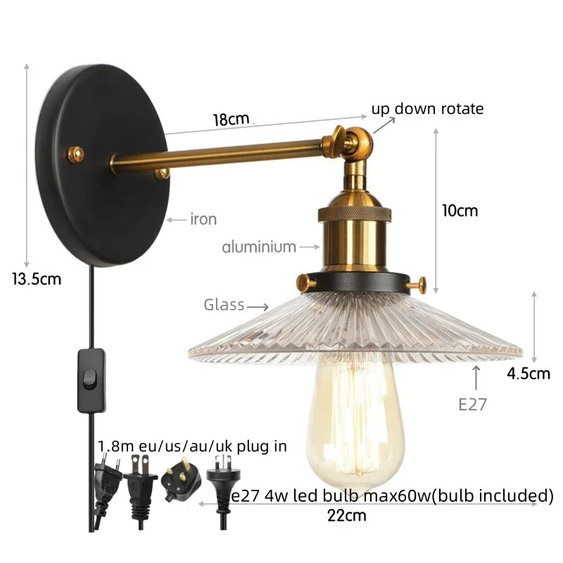 Helnys Industrial Loft LED Wall Lights Plug In Iron Bedside Lamp for Bedroom