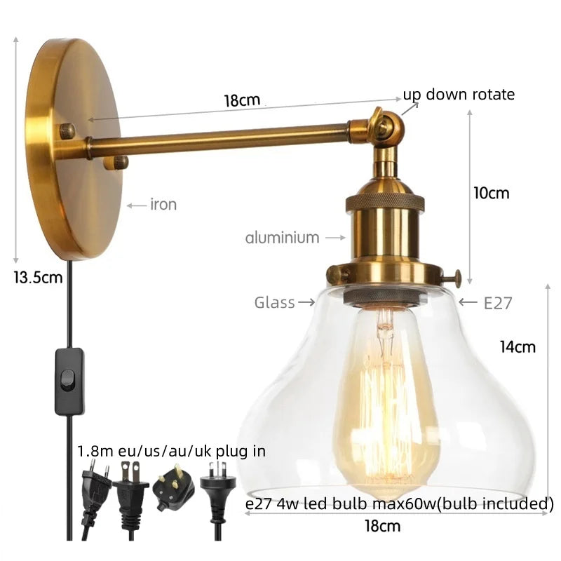 Helnys Industrial Iron LED Wall Lights with Pull Chain Switch