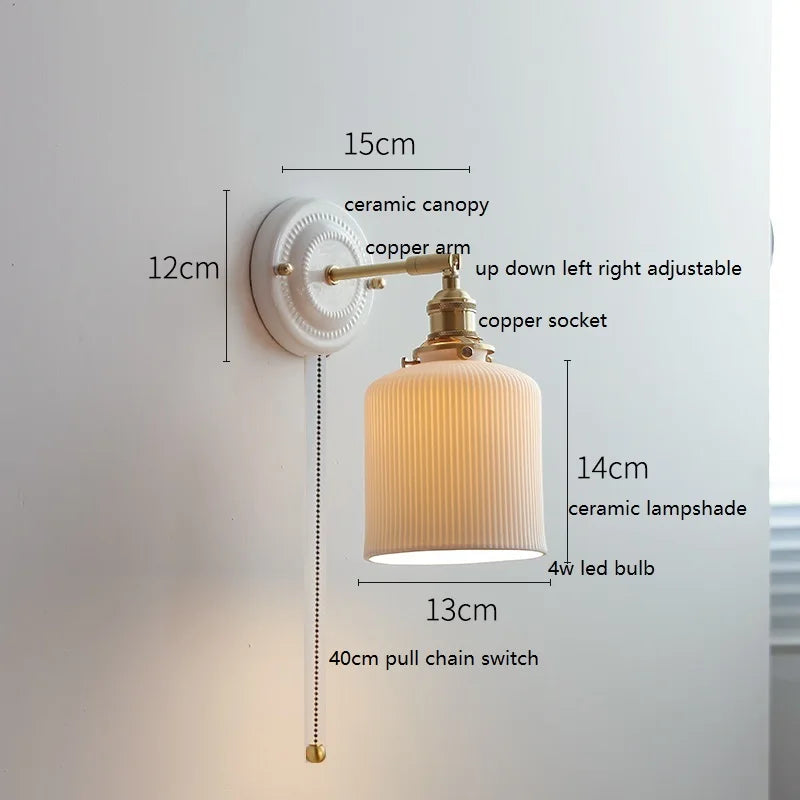 Helnys Ceramic LED Wall Sconce - Copper Arm, Adjustable Pull Chain Switch