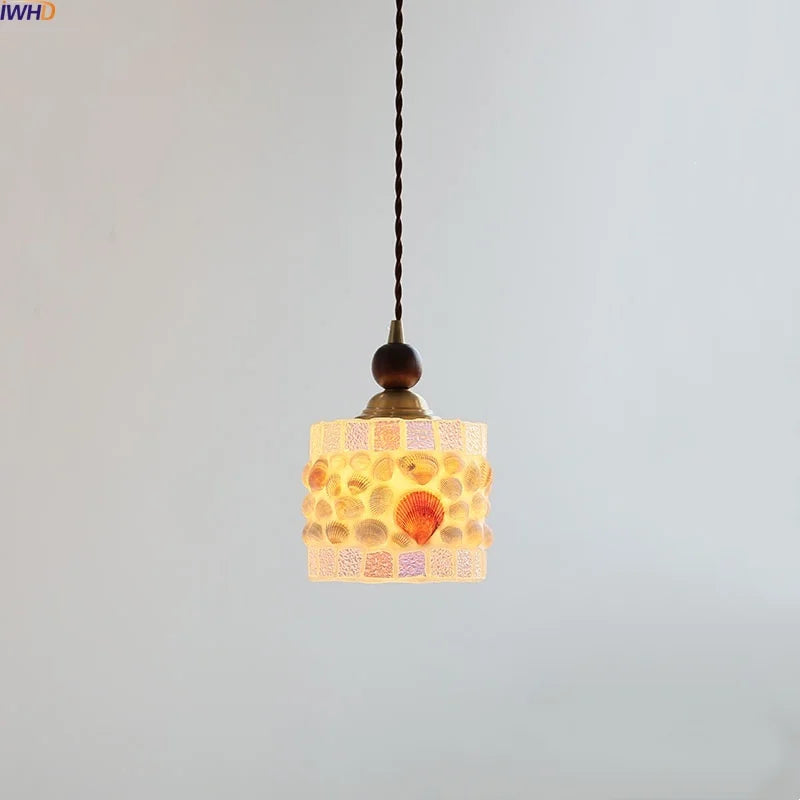 Helnys Nordic Glass LED Pendant Light Walnut Wood Adjustable Hanging Lamp