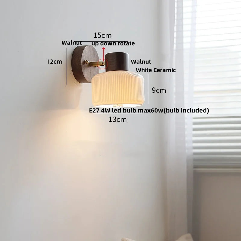Helnys Modern LED Wall Light Fixture White Ceramic Walnut Wood Bedside Lamp