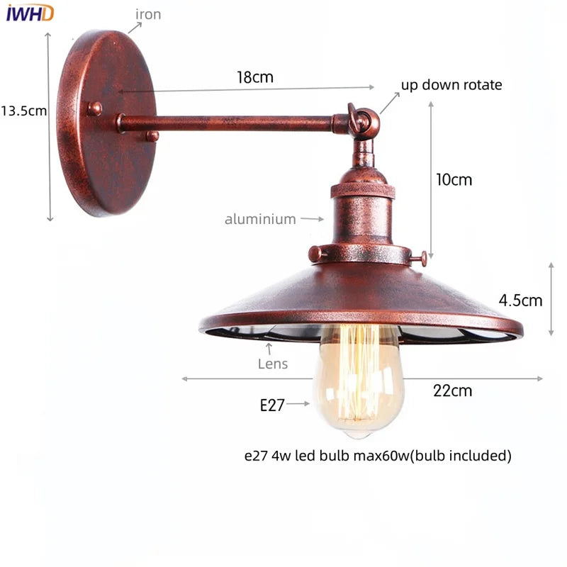 Helnys Vintage LED Pull Chain Wall Lights Lens Stair Reading Bedside Lamp Iron Lightings
