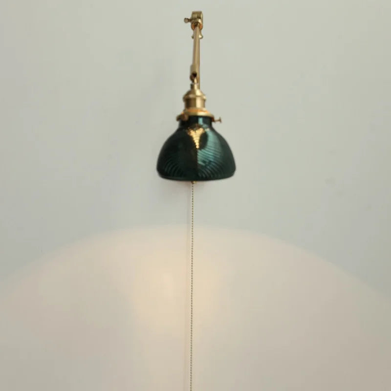 Helnys Glass Green LED Wall Light with Pull Chain Switch - Vintage Swing Arms Sconce