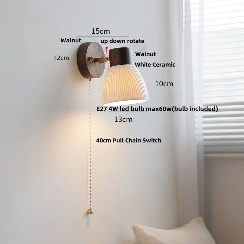 Helnys Modern LED Wall Light Fixture White Ceramic Walnut Wood Bedside Lamp