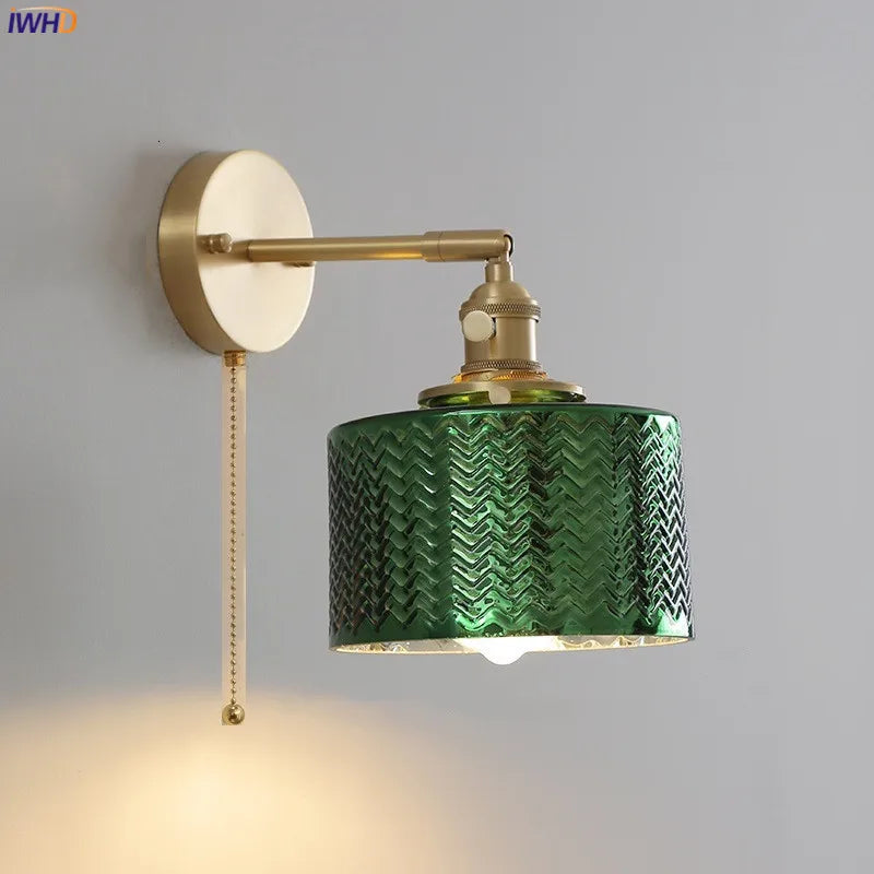 Helnys Green Glass LED Wall Light with Pull Chain Switch - Nordic Modern Design