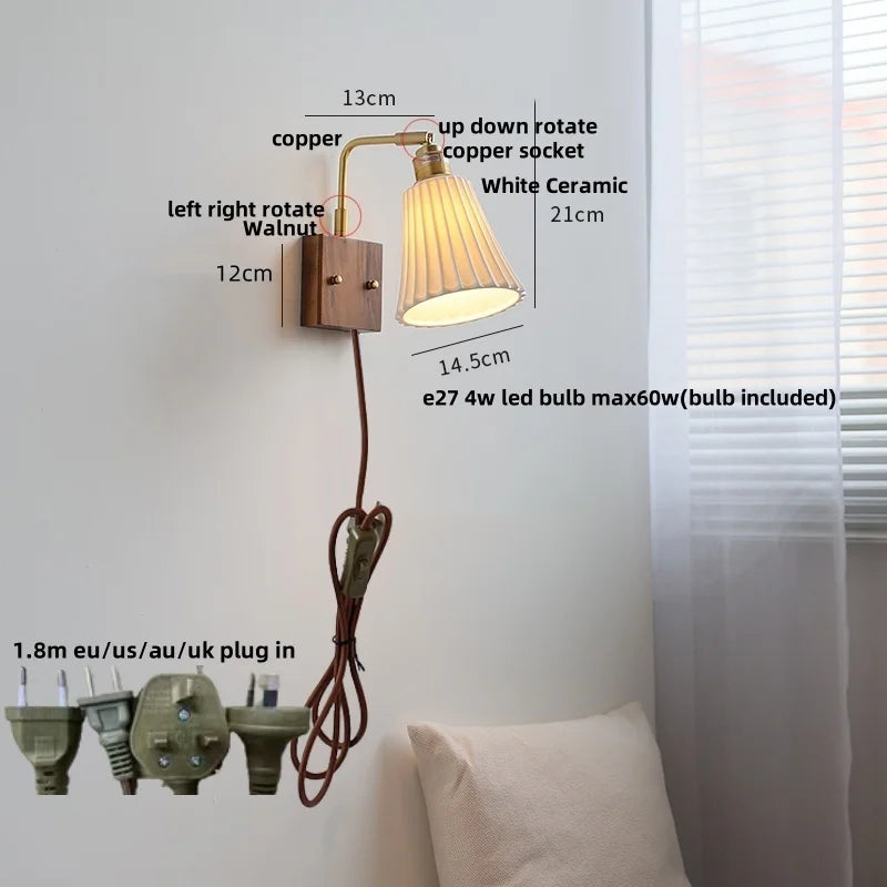 Helnys Glass Ceramic LED Wall Sconce Walnut Wood Modern Rotatable Mirror Light