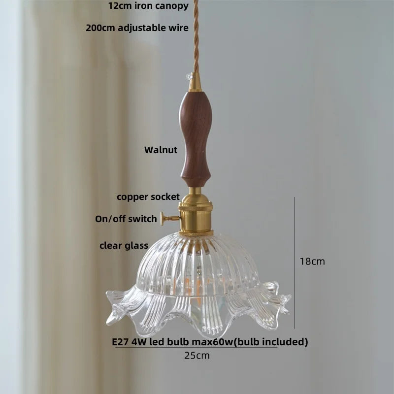 Helnys Nordic Walnut Wood LED Pendant Light with Clear Flower Glass