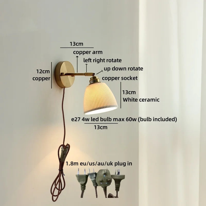 Helnys LED Wall Lamp Bedroom Gold Swing Arm Ceramic Light