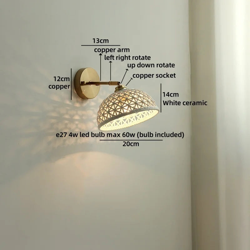 Helnys LED Wall Lamp Bedroom Gold Swing Arm Ceramic Light