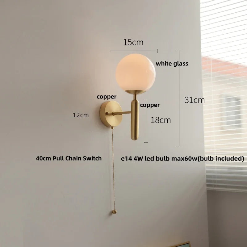 Helnys Copper Base LED Wall Lamp with Pull Chain Switch