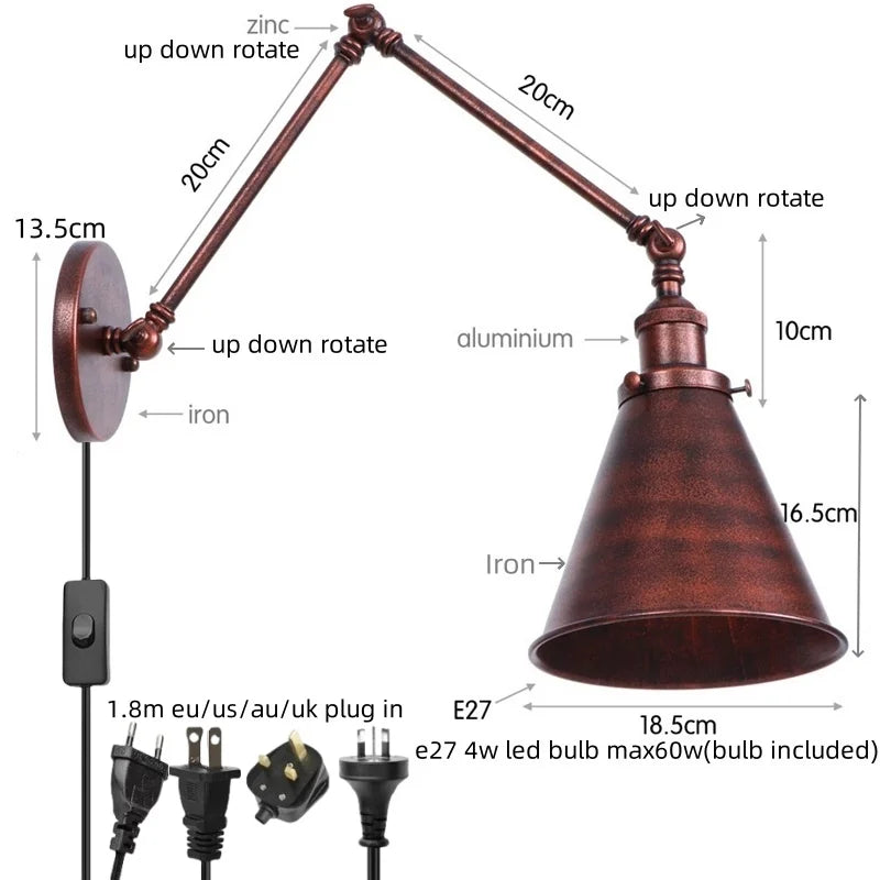 Helnys Retro LED Swing Arm Wall Sconce Black Industrial Vintage Loft Lamp