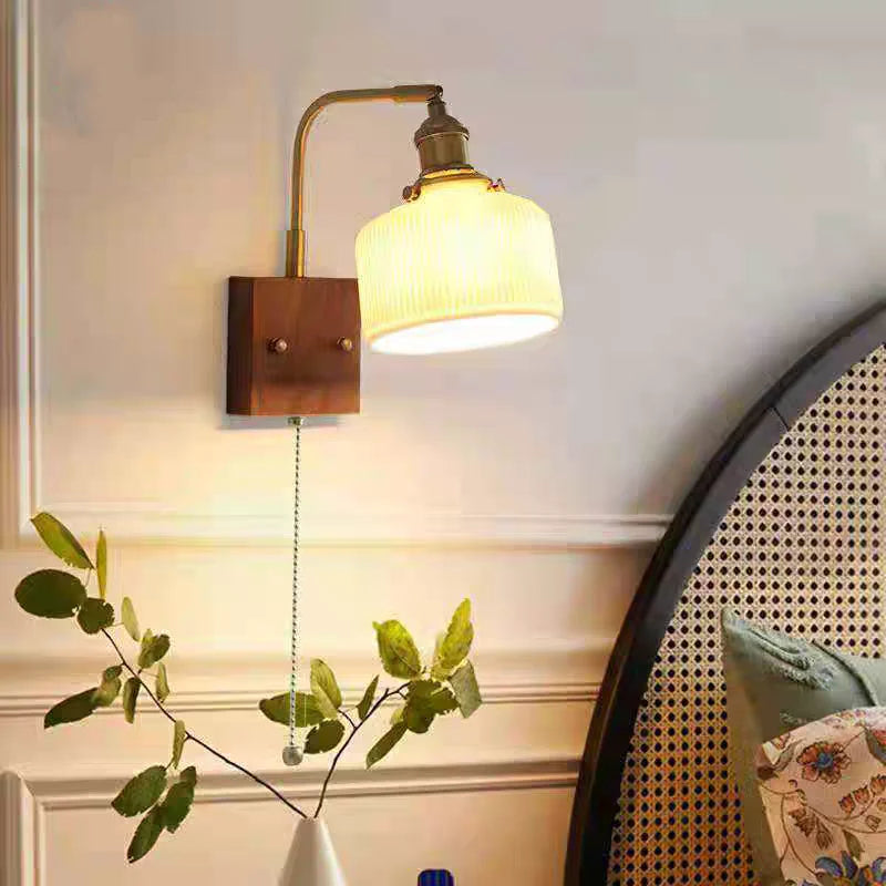 Helnys Rotatable Ceramic LED Wall Sconce Nordic Walnut Wood Bedside Lamp