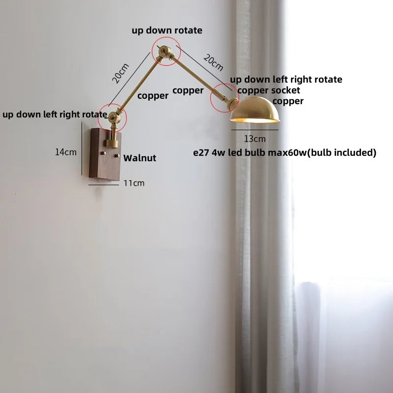 Helnys Copper LED Swing Arm Wall Sconce Walnut Finish, Pull Chain Switch Home Decor