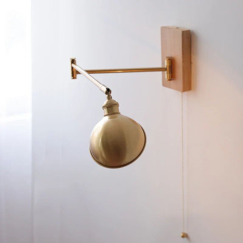 Helnys Ash Wood Canopy LED Wall Sconce Pull Chain Switch Rotate Bedroom Lamp