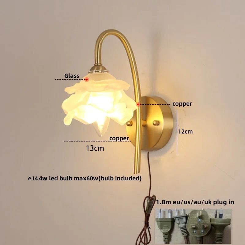 Helnys Glass LED Wall Sconce Pull Chain Switch Copper Base Stair Light
