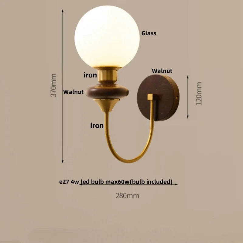 Helnys Walnut Wood Glass LED Wall Sconce with Pull Chain Switch