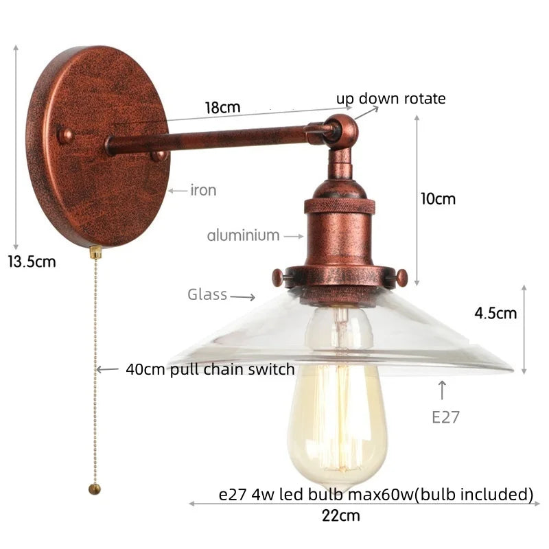 Helnys Vintage Industrial LED Wall Lamp Clear Glass Gold Bedside Light