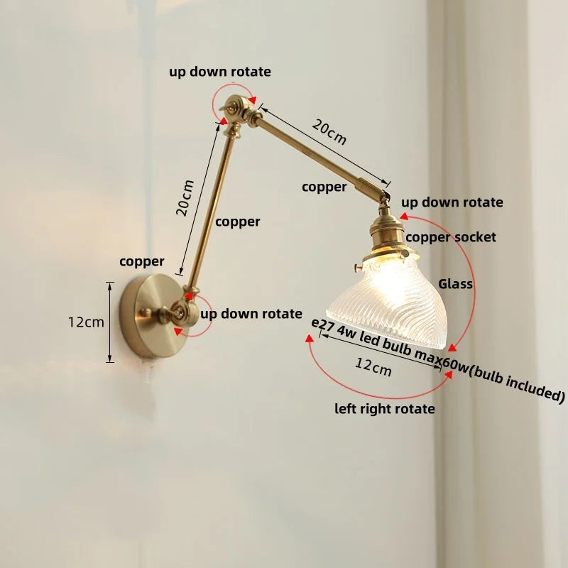 Helnys Brass Swing Arms LED Wall Light, Modern Nordic Clear Glass Bedside Lamp