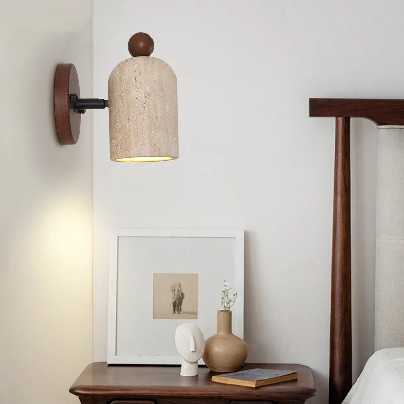 Helnys Rotating LED Wall Light Fixture with Pull Chain Switch Yellow Travertine Wood Decor