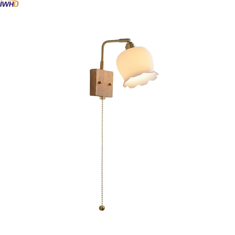 Helnys Nordic Decor LED Wall Sconce Gold Brass White Glass Pull Chain Bedroom Bedside Lamp