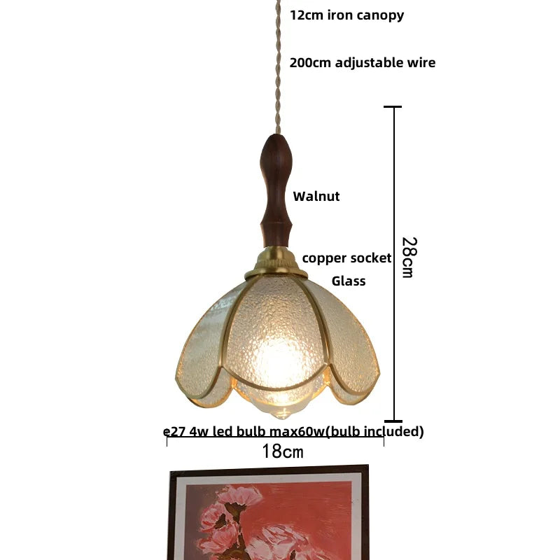 Helnys Nordic LED Pendant Lamp Walnut Tiffany Glass Copper Hanging Light