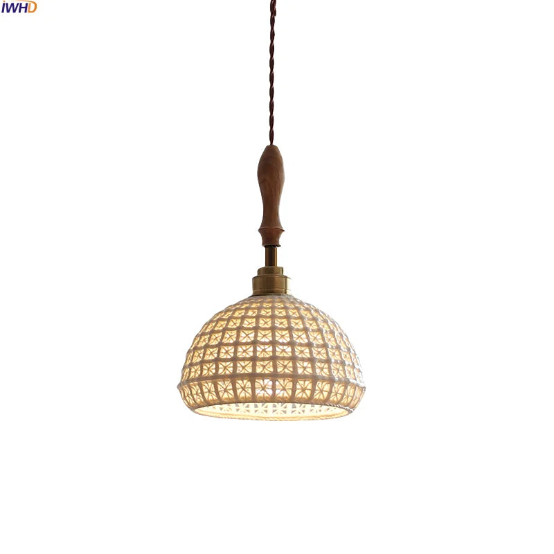 Helnys Ceramic Wood Handle LED Pendant Lamp - Japanese Style Indoor Decor