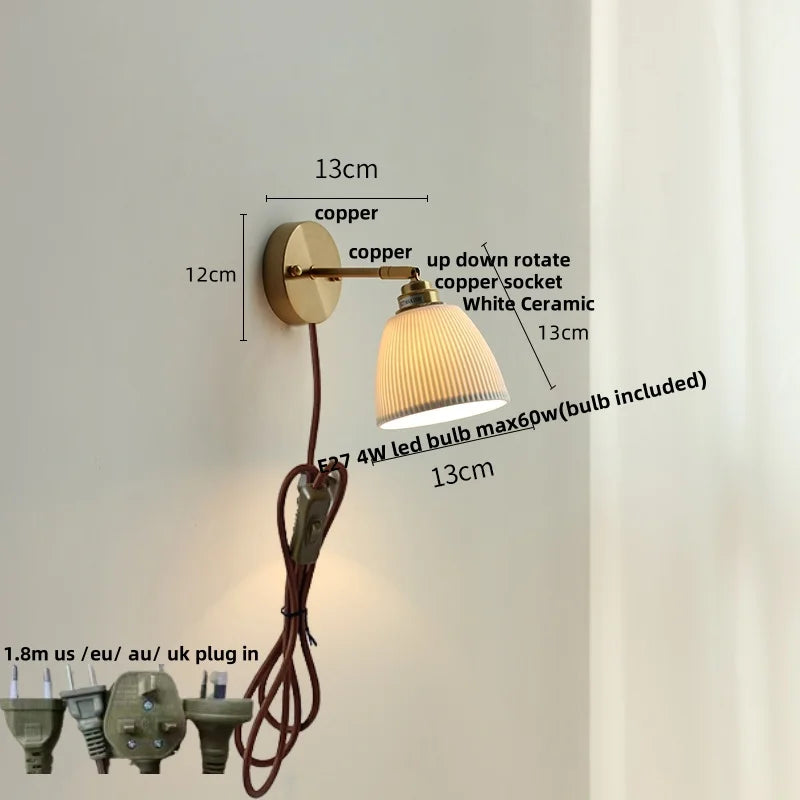 Helnys Nordic LED Wall Light with Pull Chain Switch, White Ceramic Rotation for Home