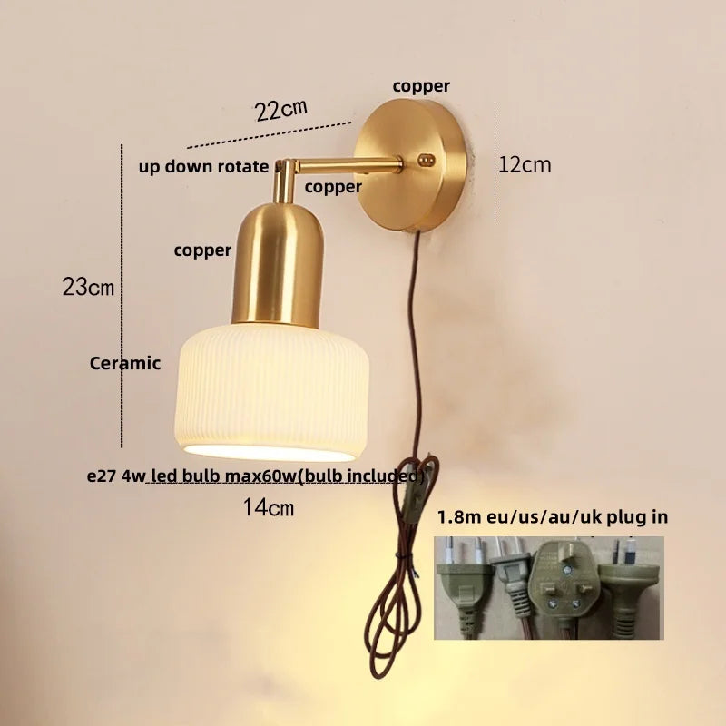 Helnys Rotatable Ceramic LED Wall Sconce Nordic Walnut Wood Bedside Lamp