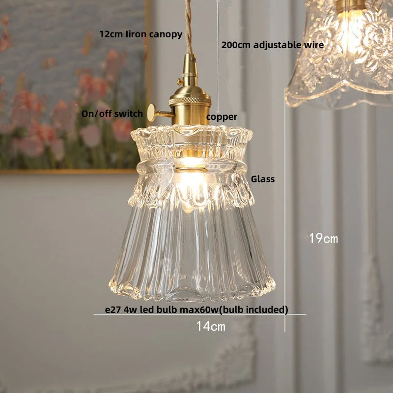 Helnys Flower Glass Pendant Light Fixture, Copper Socket LED Hang Lamp for Home Decor