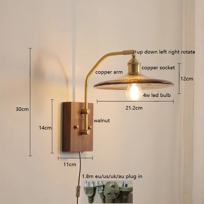 Helnys Nordic Copper LED Wall Lights Fixtures Switch Walnut Wall Lamp