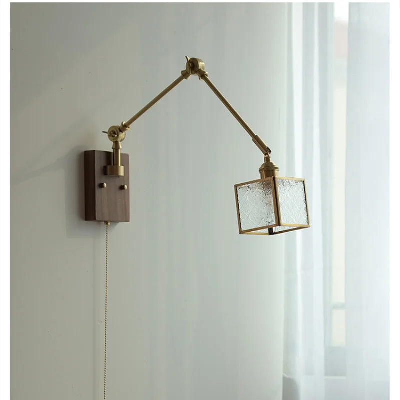 Helnys Modern LED Wall Lamp Glass Pull Chain Switch Rotatable Swing Arms Fixtures