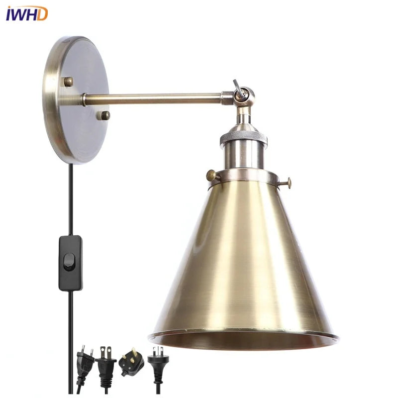 Helnys Industrial Iron LED Wall Lamp Plug In Stair Light Fixture Bedroom Aisle Vintage