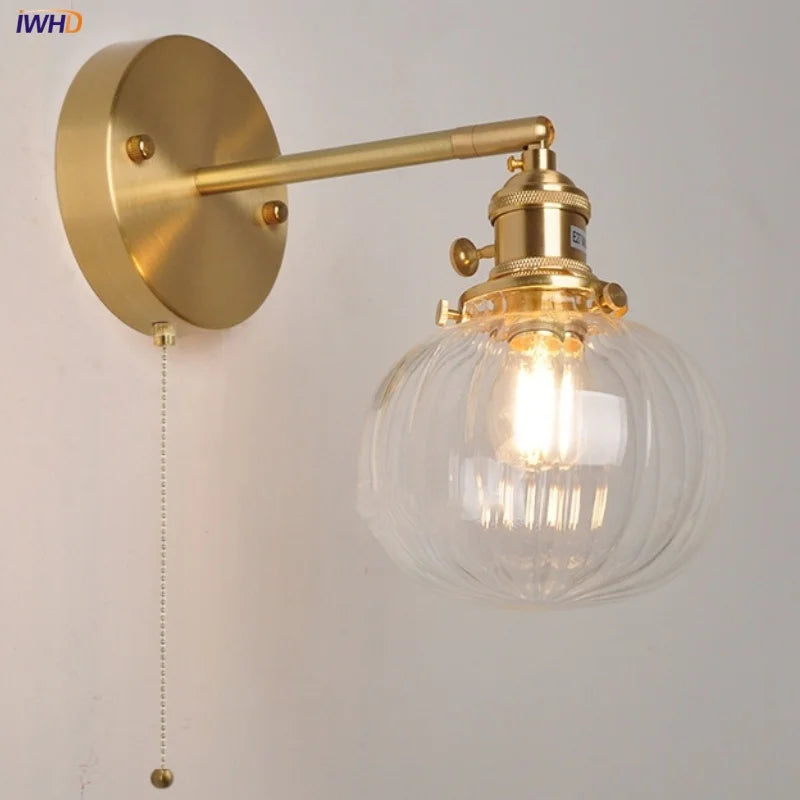 Helnys Nordic LED Wall Light Clear Glass Pull Chain Switch Bedside Lamp