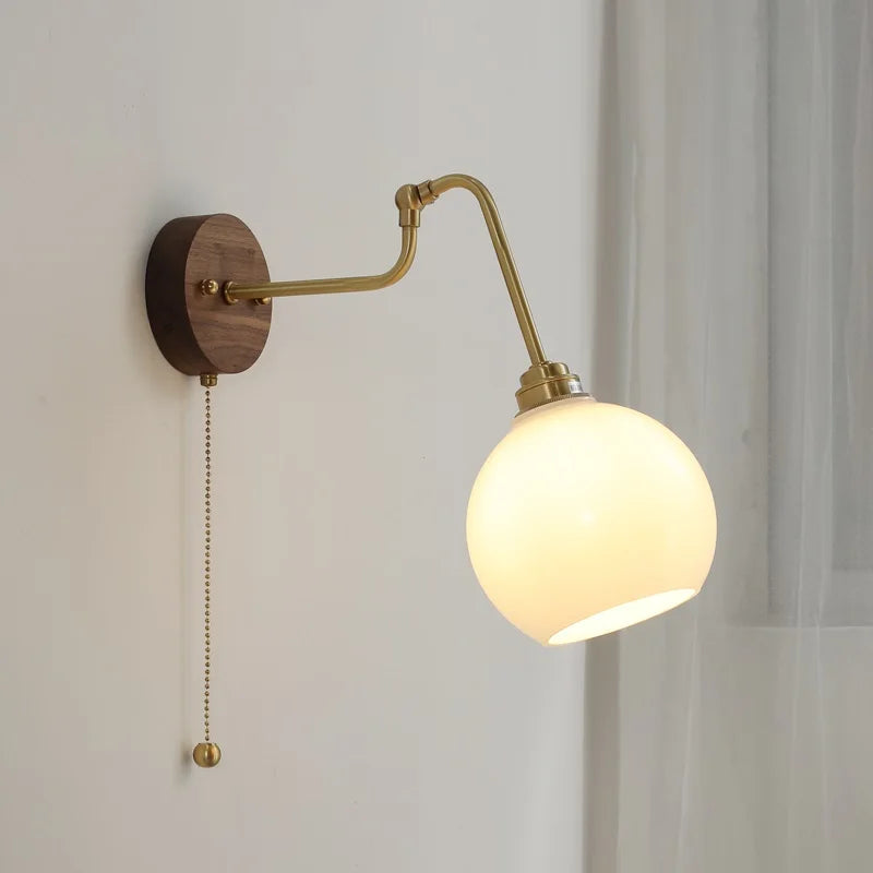 Helnys Green Glass Copper LED Wall Lamp with Pull Chain Switch and Walnut Wood Base