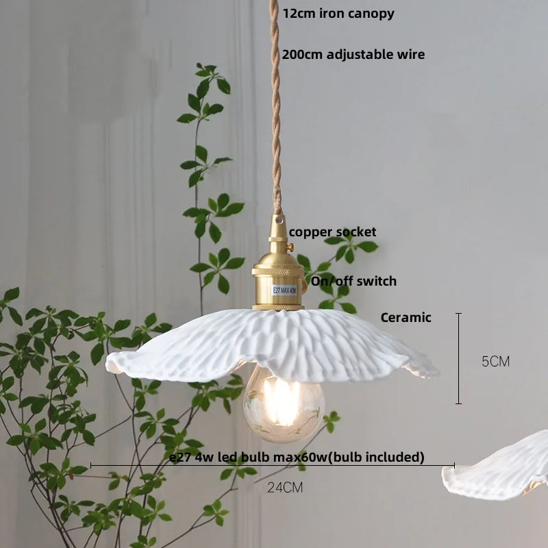 Helnys Flower Ceramic LED Pendant Lamp with Copper Socket, Adjustable Modern Hanging Light