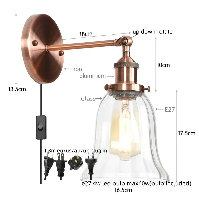 Helnys Clear Glass LED Wall Lamp Industrial Stair Light for Home Decor and Lighting