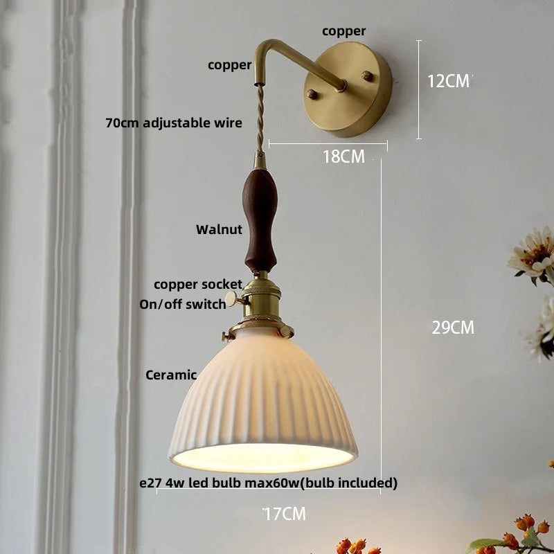 Helnys Walnut Wood LED Wall Sconce Modern Copper Pull Chain Switch Stair Light Fixtures