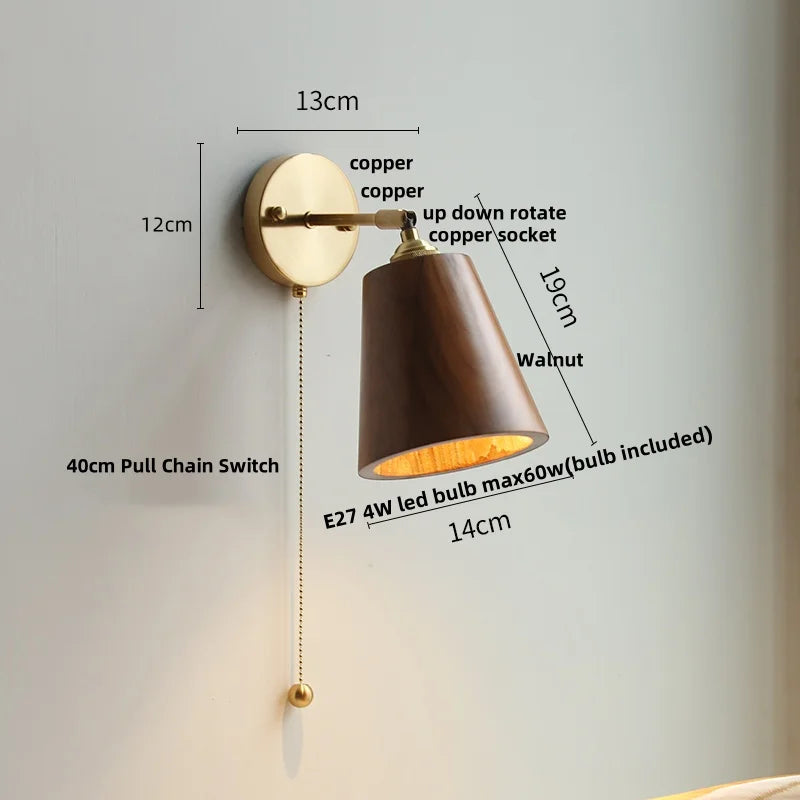 Helnys Wood LED Wall Sconce Pull Chain Switch Up Down Rotatable Bathroom Mirror Light