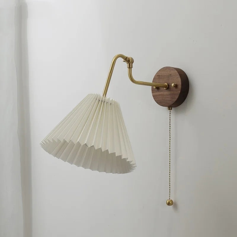 Helnys Walnut Base LED Wall Light with Pull Chain Switch and Rotating Copper Lampshade
