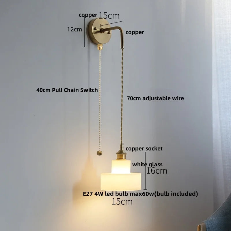 Helnys Nordic LED Wall Light Pull Chain Switch Glass Adjustable Stair Sconce