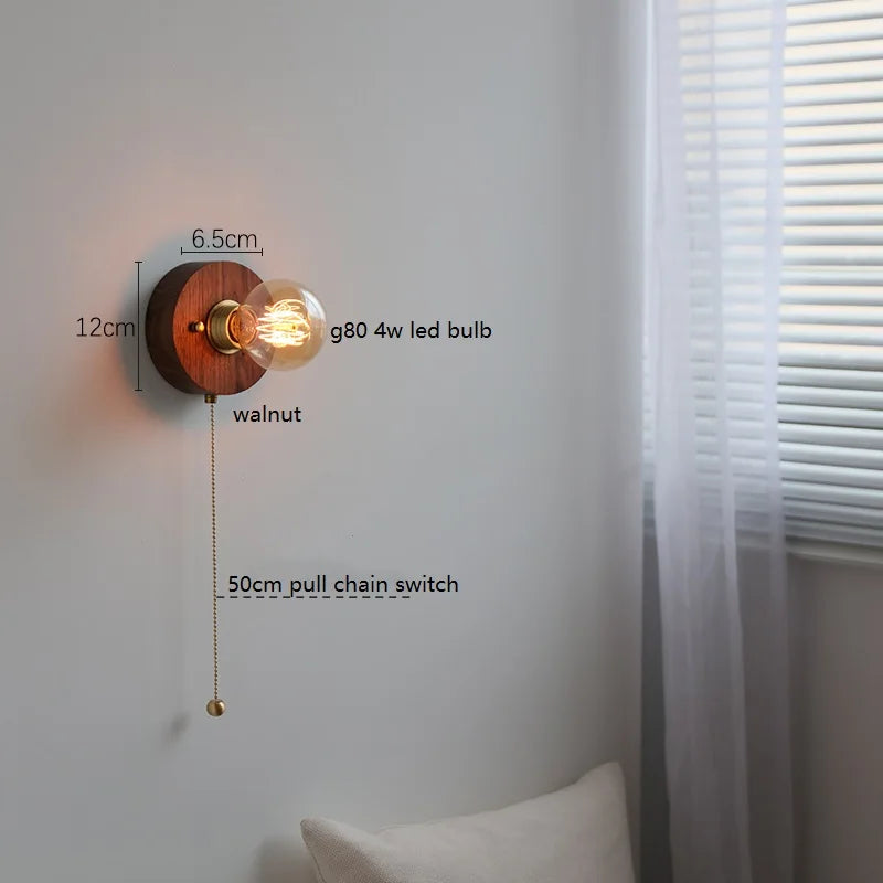 Helnys Vintage LED Wall Lamp with Pull Chain Switch, Walnut Ash Wood & Copper.