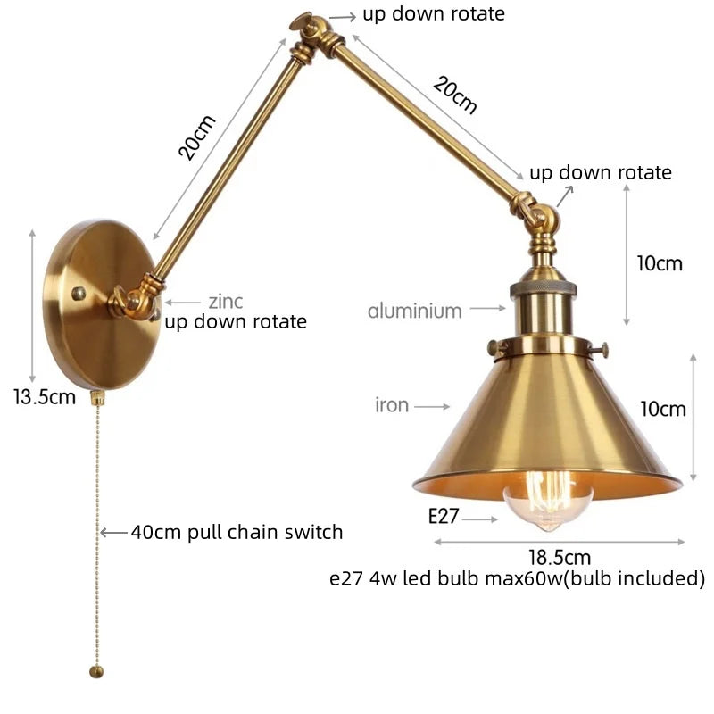 Helnys Vintage Iron LED Wall Lamp with Pull Chain Switch