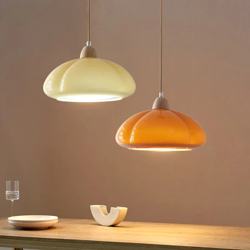 Helnys Glass LED Pendant Light 30W Vintage Wood Hanging Lamp