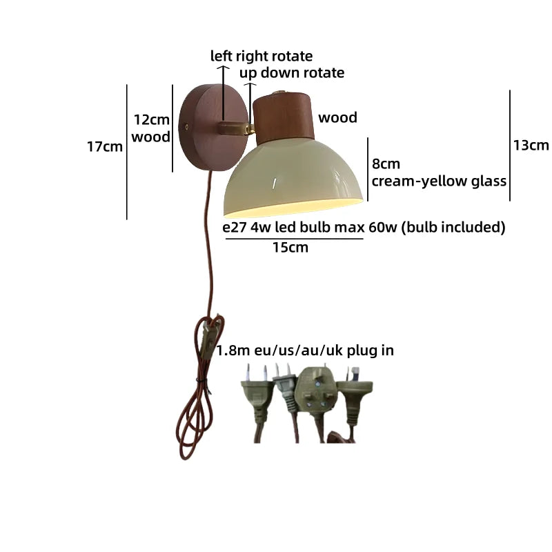Helnys Wood Cream Glass Wall Lamp for Living Room & Bathroom